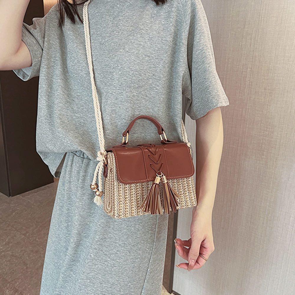 Mini Braided Tassels Straw Woven Cross-Body Bag Pu Leather Flap B) - Picture 6 of 7